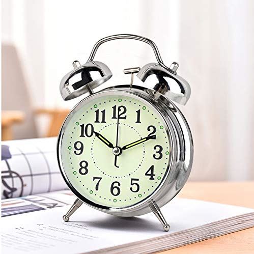 SDGJHKPMHF 4 Inch Silent Quartz Strong Double Bell Alarm Clock Plated Silver Metal Ringing Alarm Clock with Night Light