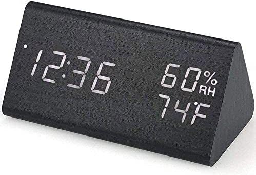 FMHCTA Digitale LED-wekker, Houten wekker met geluid, USB/batterij Tafelklok Hygrometer-thermometer voor binnen (kleur: natuurlijk) (natuurlijk) (zwart)