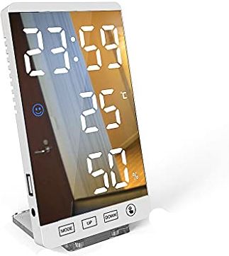 FMOGGE 6 Inch Led Spiegel Wekker Touch Button Muur Digitale Klok Tijd Temperatuur Vochtigheid Display Usb-Uitgang Tafelklok:
