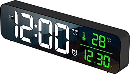 FMHCTA Kinderwekker Digitale wekker Digitale wekker Snooze Temperatuur Datumweergave USB Desktop Strip Spiegel LED-klokken voor woonkamerdecoratie (B Zwart Groen)