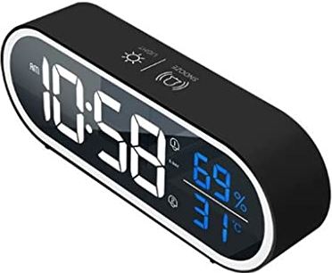 ERTDYJNAFGHMM Music Electronic Alarm Clock 2 Alarm Snooze Temp Humidity Voice Control Digital LED Clock Table Clock for Living Room (Color : White) (Black)