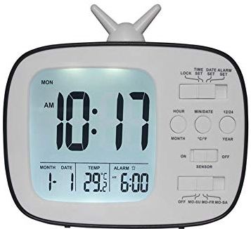 BSJBW Kinderen Wekker LCD Elektronische Klok Studenten Nachtkastje Intelligente Lichtgevoelige Aanpassing TV Model Thermometer 13.5611.8CM (Zwart)