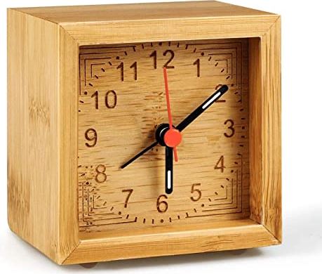 Spacmirrors Alarm Clock Bamboo Wooden Bedroom Clock Handmade Classic Home Alarm Clock Desk Wood Clock with Luminous Night Non Ticking