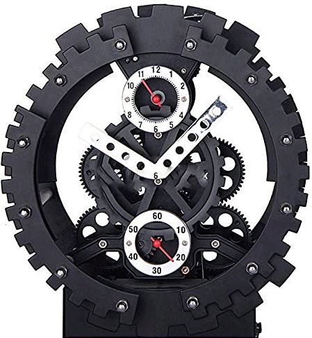 FMHCTA Persoonlijkheidsklok, Mechanische Modellering Gear Wekker, Creatieve Woonkamerklok (Kleur: Zilver) (Zwart)
