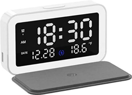 WETG 6 IN 1 Alarm Clock Wireless Charger with Digital Thermometer LED Desk Lamp for Bedroom 15W Mobile Phone Fast Charger