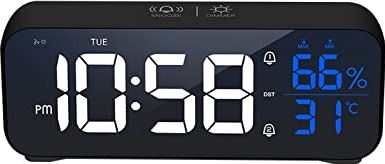 SEFAX Digitale wekker klok - met binnen thermometer for temperatuur en vochtigheid sluimerende functie, intelligente spraakregeling - perfecte kantoorklok of nachtklokklok (Color : Black)
