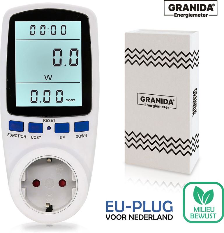 Granida Granida® Energiemeter - Verbruiksmeter - Energiekostenmeter - KWh meter - Stroomverbruik meter - Elektriciteitsmeter - Energiekosten - Stopcontact - Multimeter - Nederlandse handleiding - Achtergrond verlichting