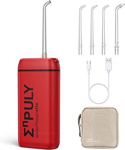 ENPULY Elektrische monddouche, voor op reis, met 4 sproeiers, 3 modi, IPX8, voor het reinigen van tandsteen (rood, zwart)