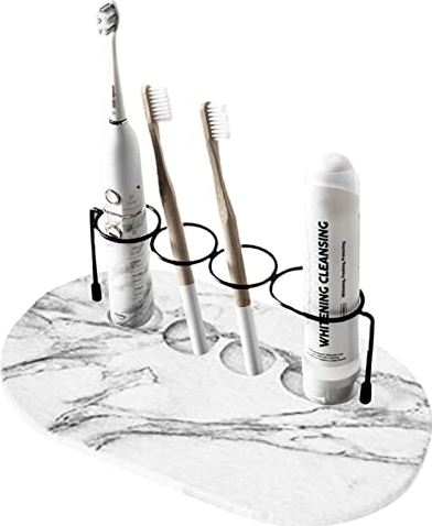 Qingchen Tandenborstel Tandpasta Houder Rek | Stijlvol tandenborstelrek met 4 sleuven - Houder voor tandpasta met waterabsorberend opbergvak voor diatomeeënmodder Metalen standaard voor wastafel