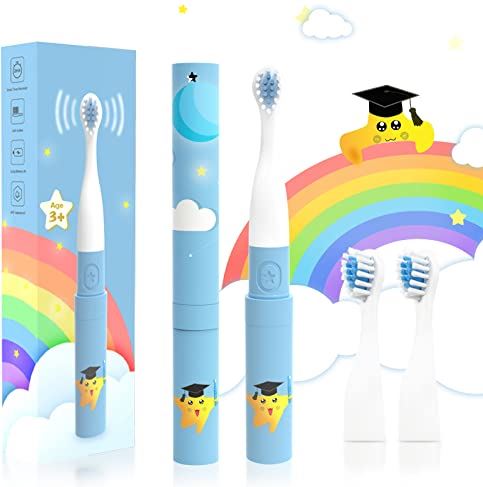 RENNAIO Draagbare kinderen elektrische tandenborstel, batterij aangedreven kinderen tandenborstel met ingebouwde 2 minuten timer voor kinderen 3+, IPX7 waterdicht (blauw)
