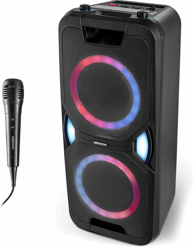Medion LIFEÂ® P61468 Party-luidspreker PLL-UKW radio BluetoothÂ® 5.0 rijk geluid verschillende lichteffecten X-Bass basversterking incl. mic
