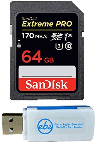 Sandisk 64GB SDXC Extreme Pro Memory Card Bundle Works with Fujifilm X-T3, X-T20, X-T2, X-H1 Mirrorless Camera 4K V30 (SDSDXXY-064G-GN4IN) Plus (1) Everything But Stromboli (TM) Combo Card Reader