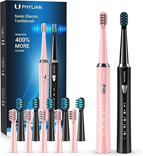 PHYLIAN Sonic elektrische tandenborstel voor volwassenen en kinderen - krachtige oplaadbare tandenborstels, elektrische tandenborstel 2 pack met 3 uur snel opladen voor 60 dagen zwart roze
