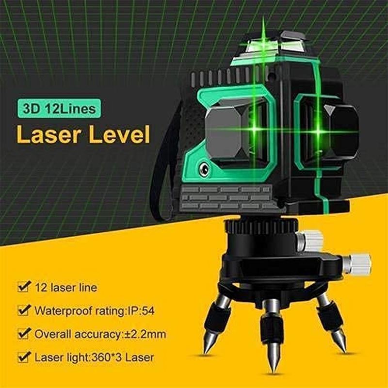 Slimme Deals Kruislijnlaser groen 3D 12 laserlijn 3 x 360° zelfnivellerend horizontaal en verticaal kruis supersterke groene laserstraallijn, IP54 laserwaterpas, 25 m werkafstand, incl. 2 stuks batterij