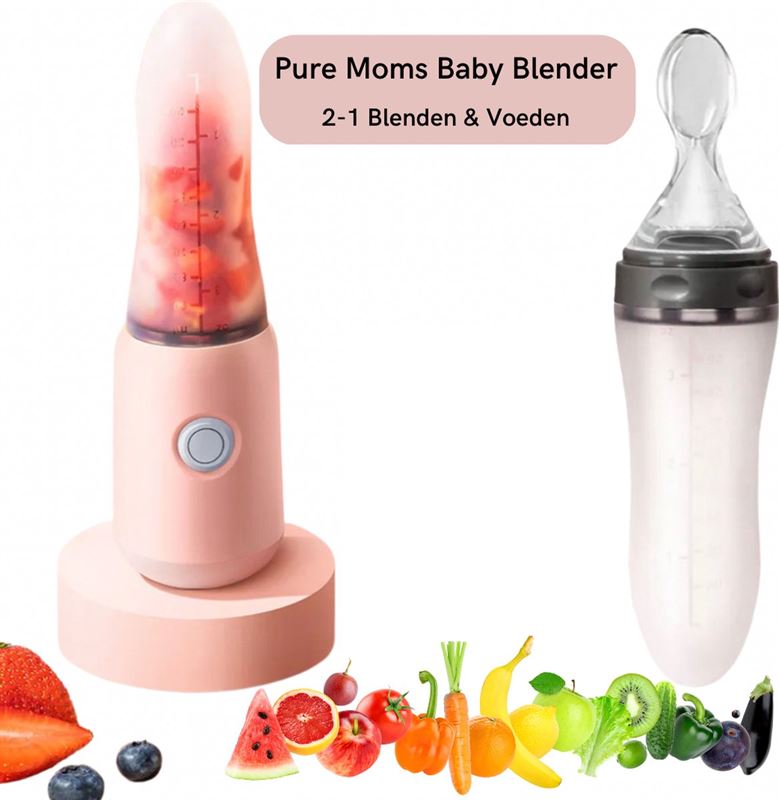 Pure Moms - Baby blender 2-1 - Babyvoedingmaker - Mini Puree Blender - Met Zachte Siliconen voedingslepel - Groente en Fruithap - Handig On-The-Go - BPA Vrij - Roze