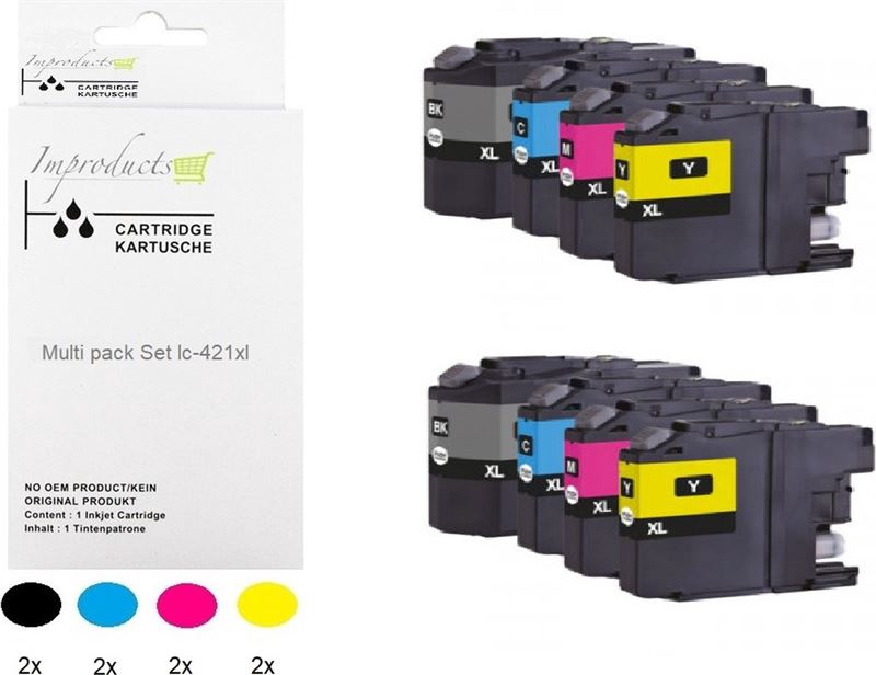Improducts Improducts® 2x multi pack Inkt cartridges - Alternatief Brother LC-421XL LC 421 bk/c/m/y o.a. geschikt DCP-J 1050DW 1140DW 1800DW MFC-J 1010DW