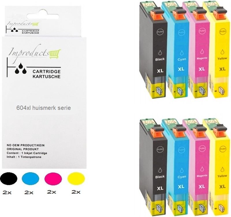 Improducts Improducts® 2x multipack 604xl / 604 inkt cartridges geschikt voor Epson Expression Home XP2100, XP2105, XP2150, XP2155, XP3100, XP3150, XP4100, XP4105, XP4150, WorkForce WF2810, WF2840DWF, WF2870DWF 8x cartridges
