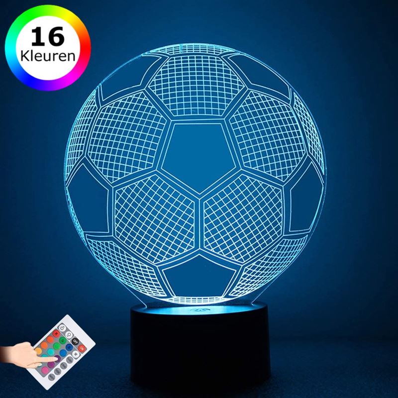 Lumi 3D Lamp - 16 kleuren - Voetbal - Bal - LED Illusie - Bureaulamp - Nachtlampje - Sfeerlamp - Dimbaar - USB of Batterijen - Afstandsbediening - Cadeau voor jongens - Kinderen