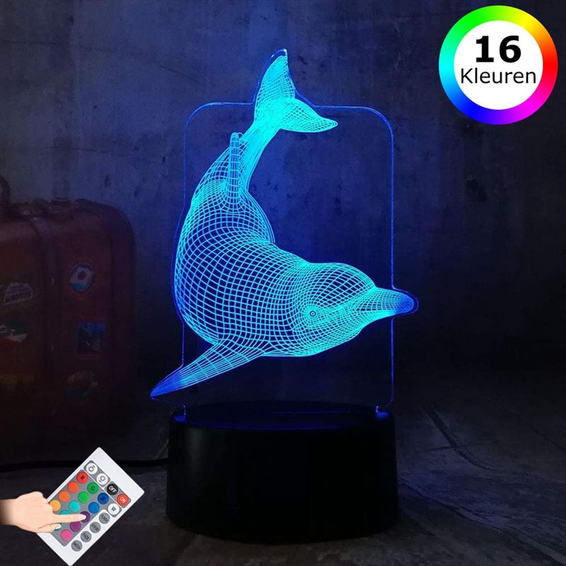 Lumi 3D Lamp - 16 kleuren - Dolfijn - Dieren - Creatief - LED Illusie - Bureaulamp - Nachtlampje - Sfeerlamp - Dimbaar - USB of Batterijen - Afstandsbediening - Cadeau