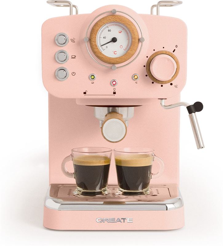 Create THERA MATT RETRO - Express-koffiezetapparaat, Pastel roze, 1100 W, Voor gemalen koffie- en ESE-pads, Tankcapaciteit 1.25L. 220 ~ 240V AC