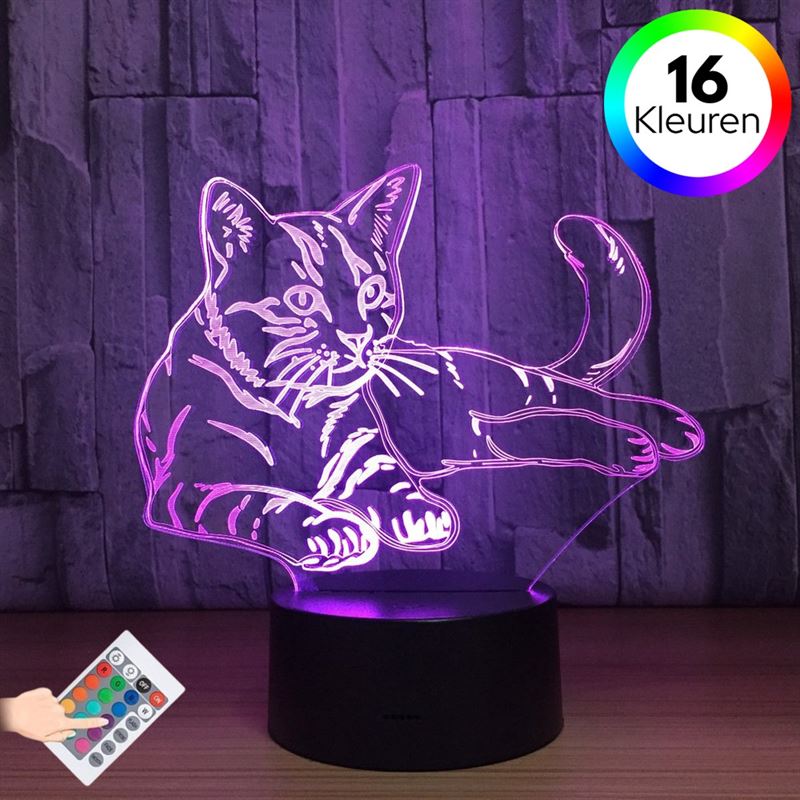 Lumi 3D Lamp - 16 kleuren - Kat - Dieren - LED Illusie - Bureaulamp - Nachtlampje - Sfeerlamp - Dimbaar - USB of Batterijen - Afstandsbediening - Cadeau voor kinderen - Kids