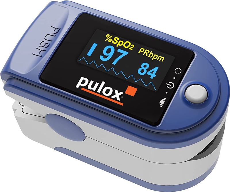 Pulox Pulsoximeter PO-200 Solo in blauw vingerpulsoximeter voor het meten van de hartslag en zuurstofverzadiging aan de vingers