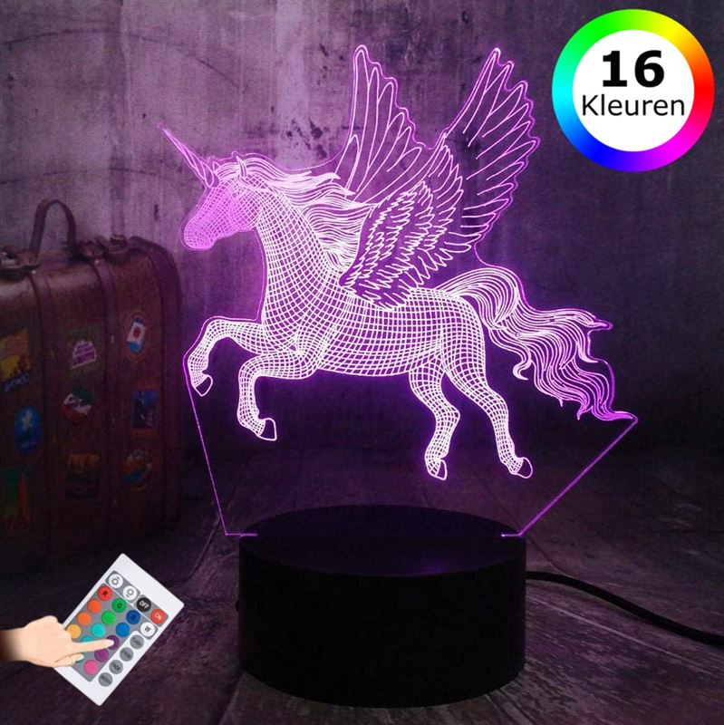 Lumi 3D Lamp - 16 kleuren - Eenhoorn - Unicorn - Dieren - LED Illusie - Bureaulamp - Nachtlampje - Sfeerlamp - Dimbaar - USB of Batterijen - Afstandsbediening - Cadeau voor meisjes - Kinderen