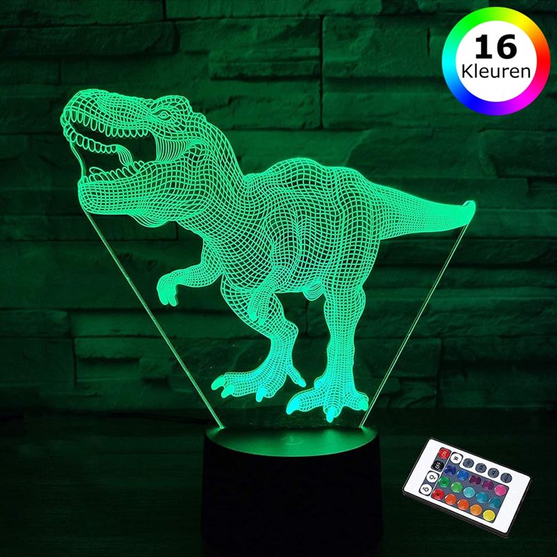 Lumi 3D Lamp - 16 kleuren - T-Rex - Dinosaurus - LED Illusie - Bureaulamp - Nachtlampje - Sfeerlamp - Dimbaar - USB of Batterijen - Afstandsbediening - Cadeau voor jongens - Kinderen