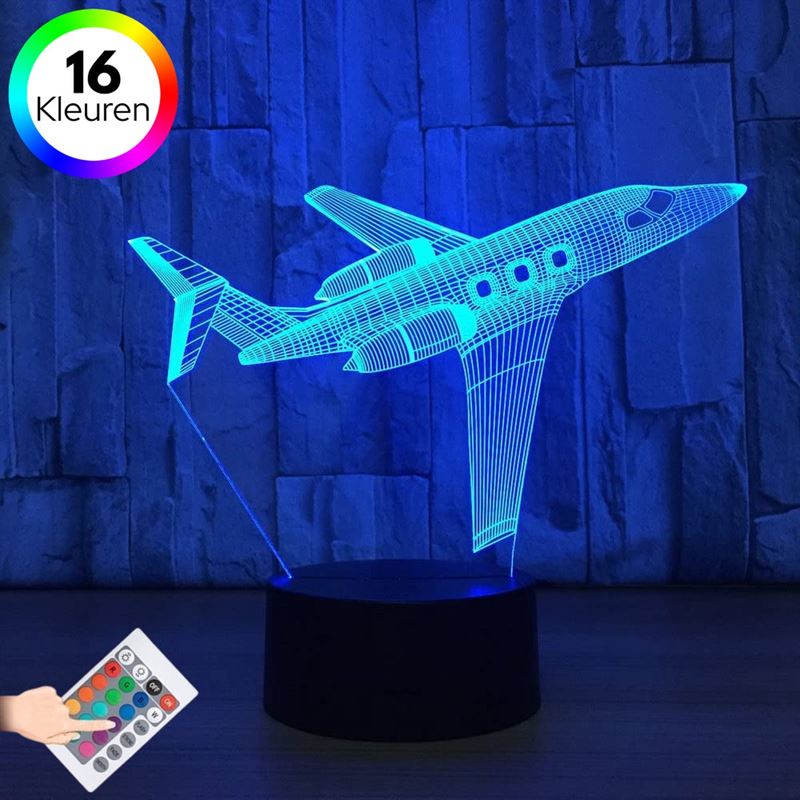 Lumi 3D Lamp - 16 kleuren - Straaljager - Vliegtuig - LED Illusie - Bureaulamp - Nachtlampje - Sfeerlamp - Dimbaar - USB of Batterijen - Afstandsbediening - Cadeau voor jongens - Kinderen