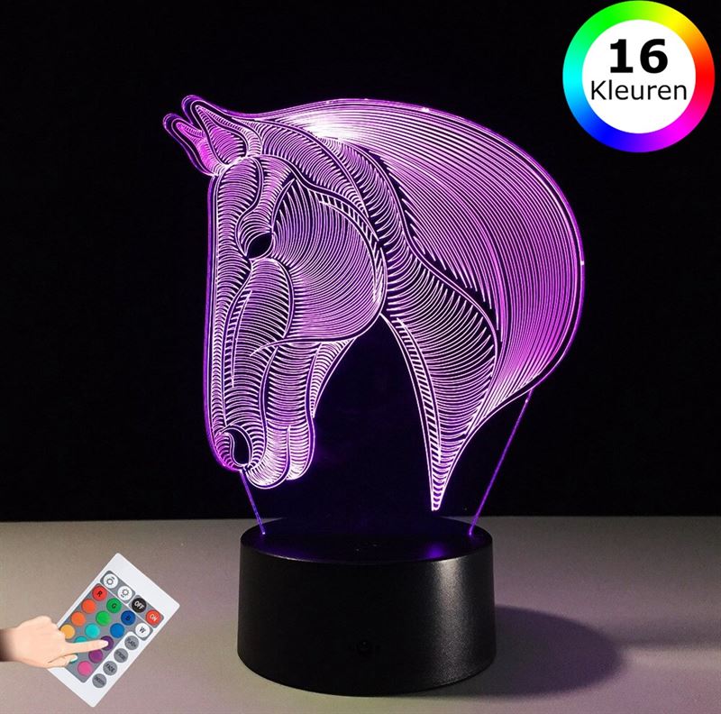 Lumi 3D Lamp - 16 kleuren - Paard - Dieren - LED Illusie - Bureaulamp - Nachtlampje - Sfeerlamp - Dimbaar - USB of Batterijen - Afstandsbediening - Cadeau voor meisjes - Kinderen