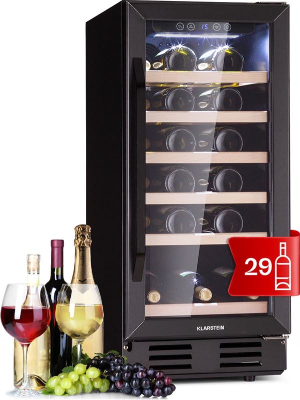 Klarstein Vinovilla 29 Built-In wijnkoelkast 81 liter 29 flessen 1 zone glazen deur rvs zwart