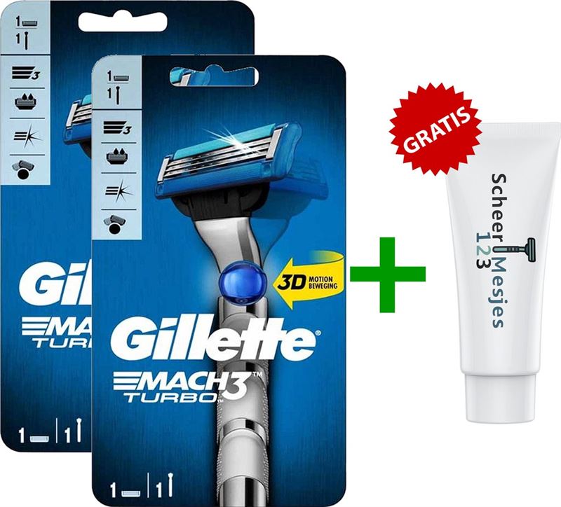 Gillette - Mach3 – Turbo – 2x Scheersysteem + 2 Scheermesjes + GRATIS Scheercrème